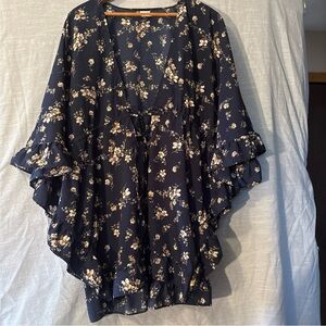 Time & Tru Ruffled Boho Open Kimono Navy Blue Floral Women’s Sz S-M NWOT